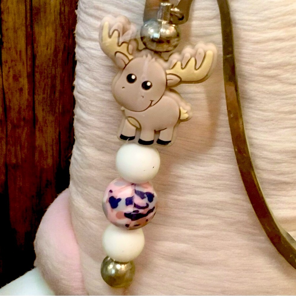 Moose Playful Beaded Tan, Pink, & White Bookmark